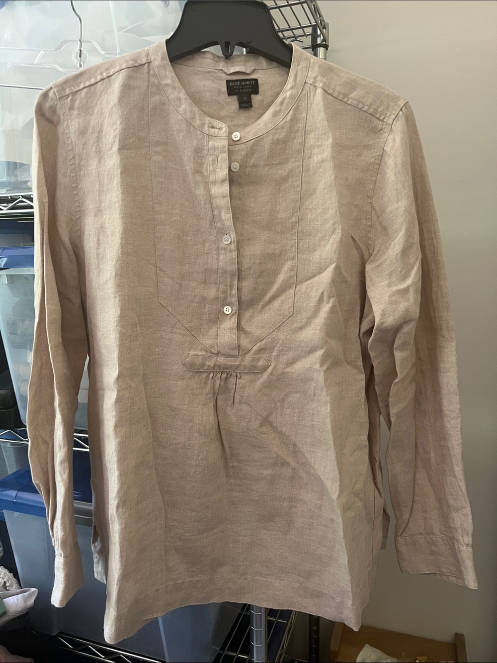 J. Crew Baird McNutt 100% Irish Linen Flax Natural Button Popover Top 12